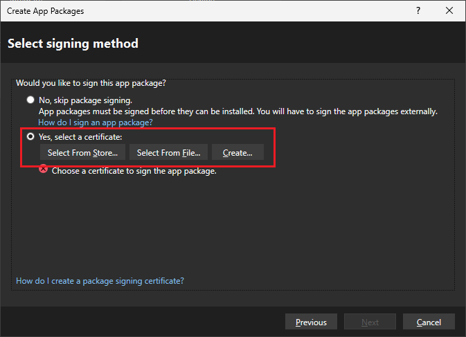 Package signing method dialog in Visual Studio.