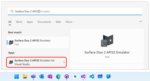 Voce di menu Start per Surface Duo emulatore