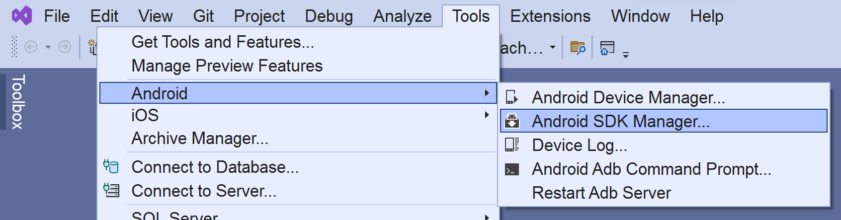 menu Strumenti di Visual Studio Android SDK Manager