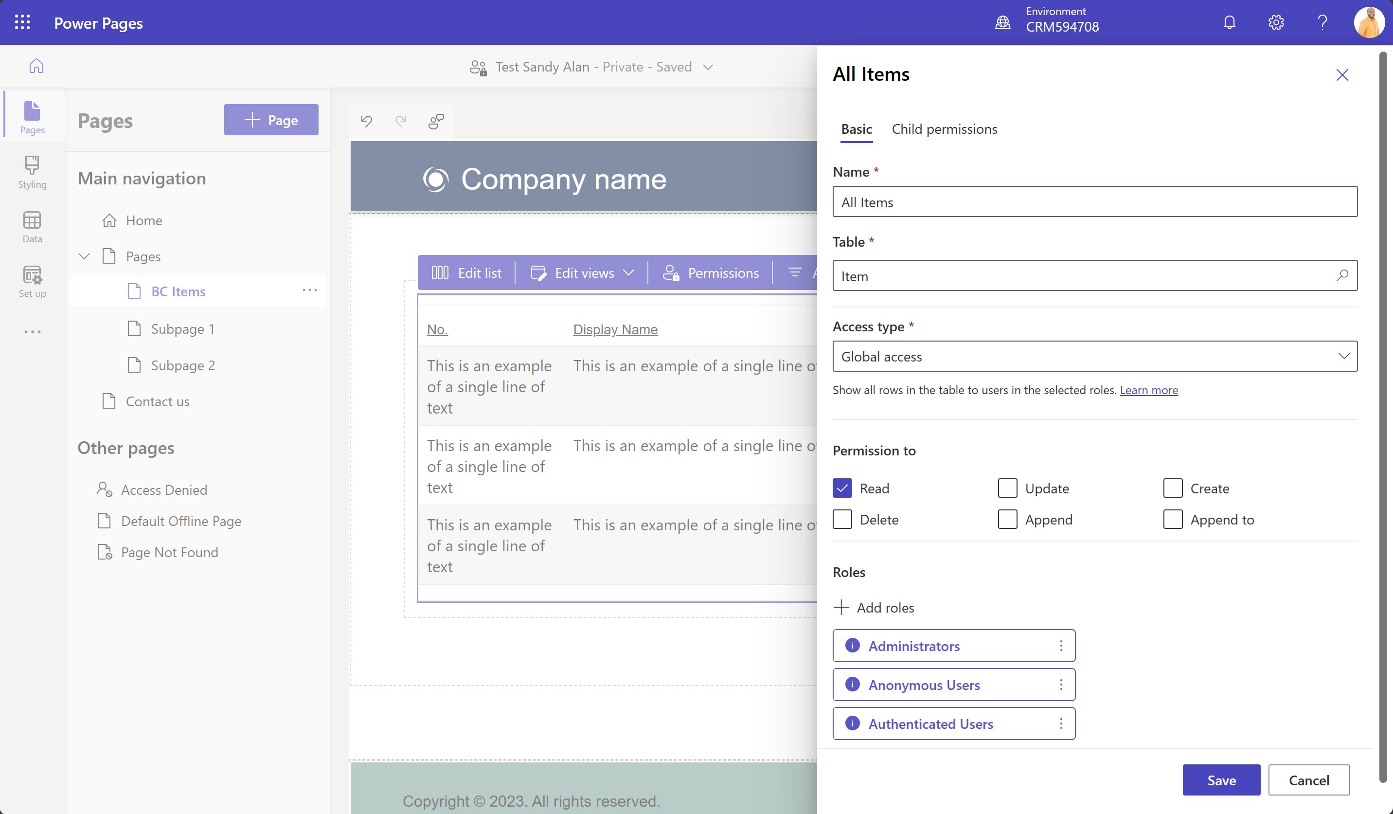 Screenshot of adding anonymous permissions in Power Pages maker portal