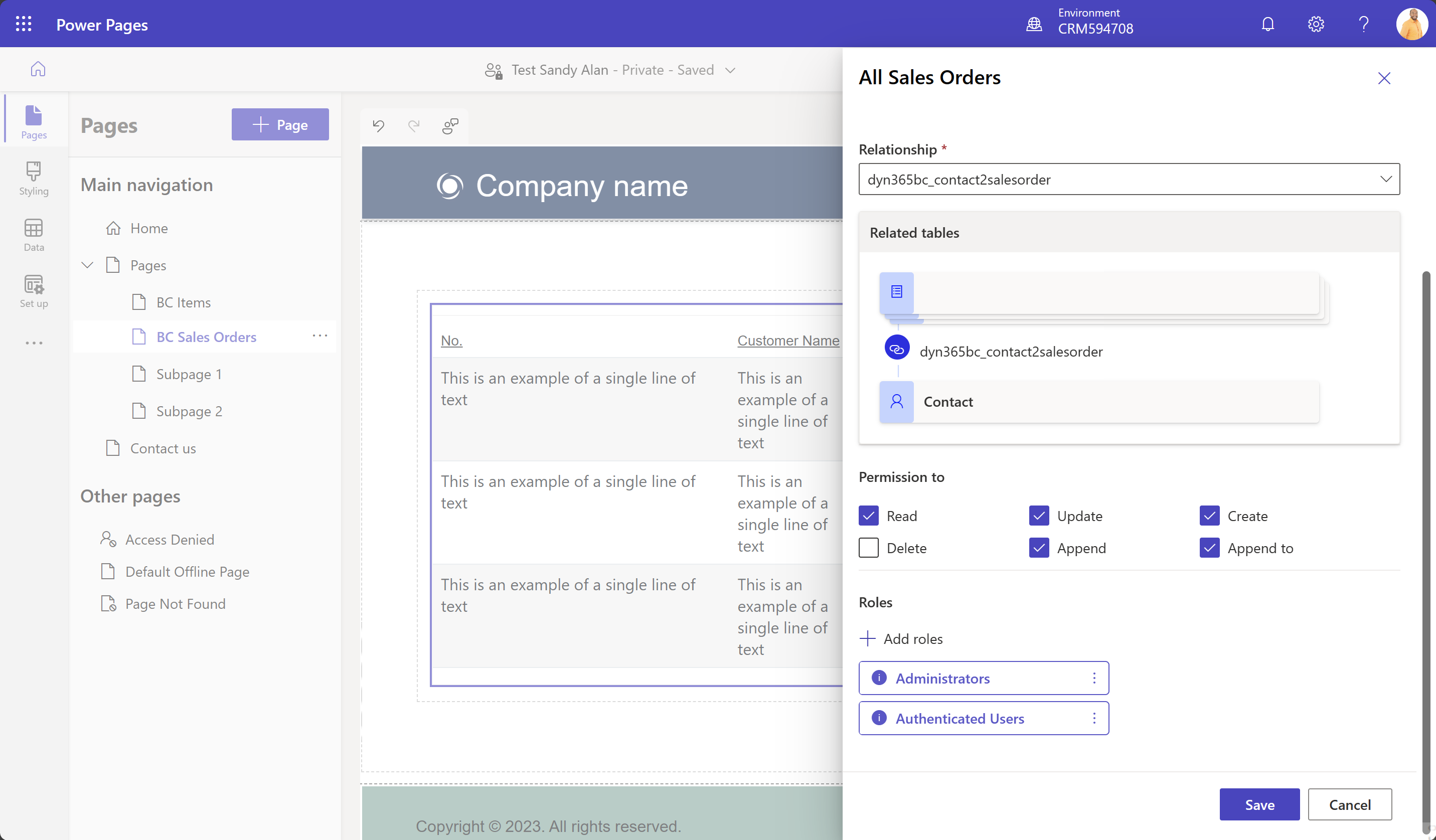 Screenshot of adding authenticated permissions to access sales orders in Power Pages maker portal