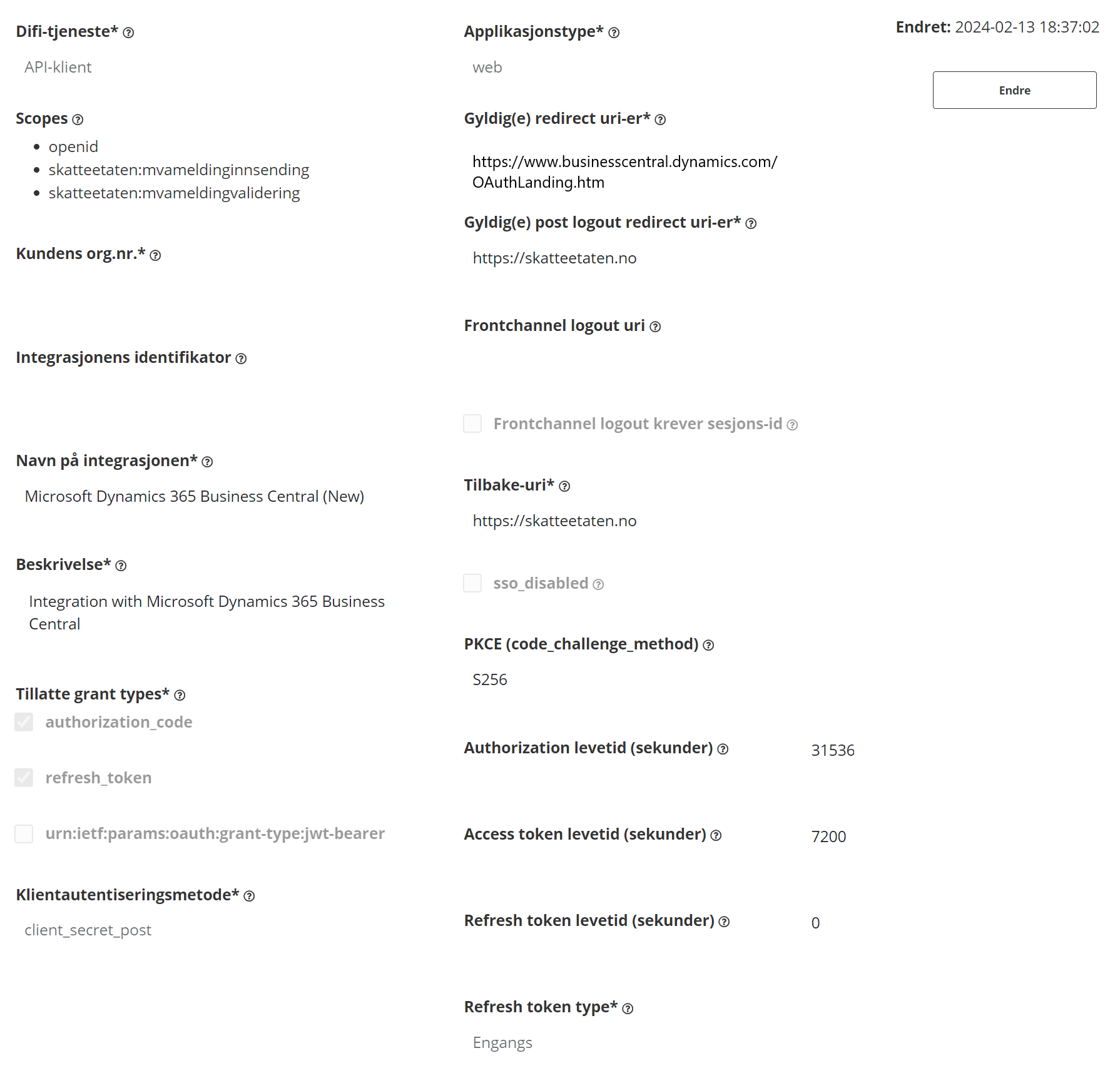 Integration point settings for Norwegian VAT