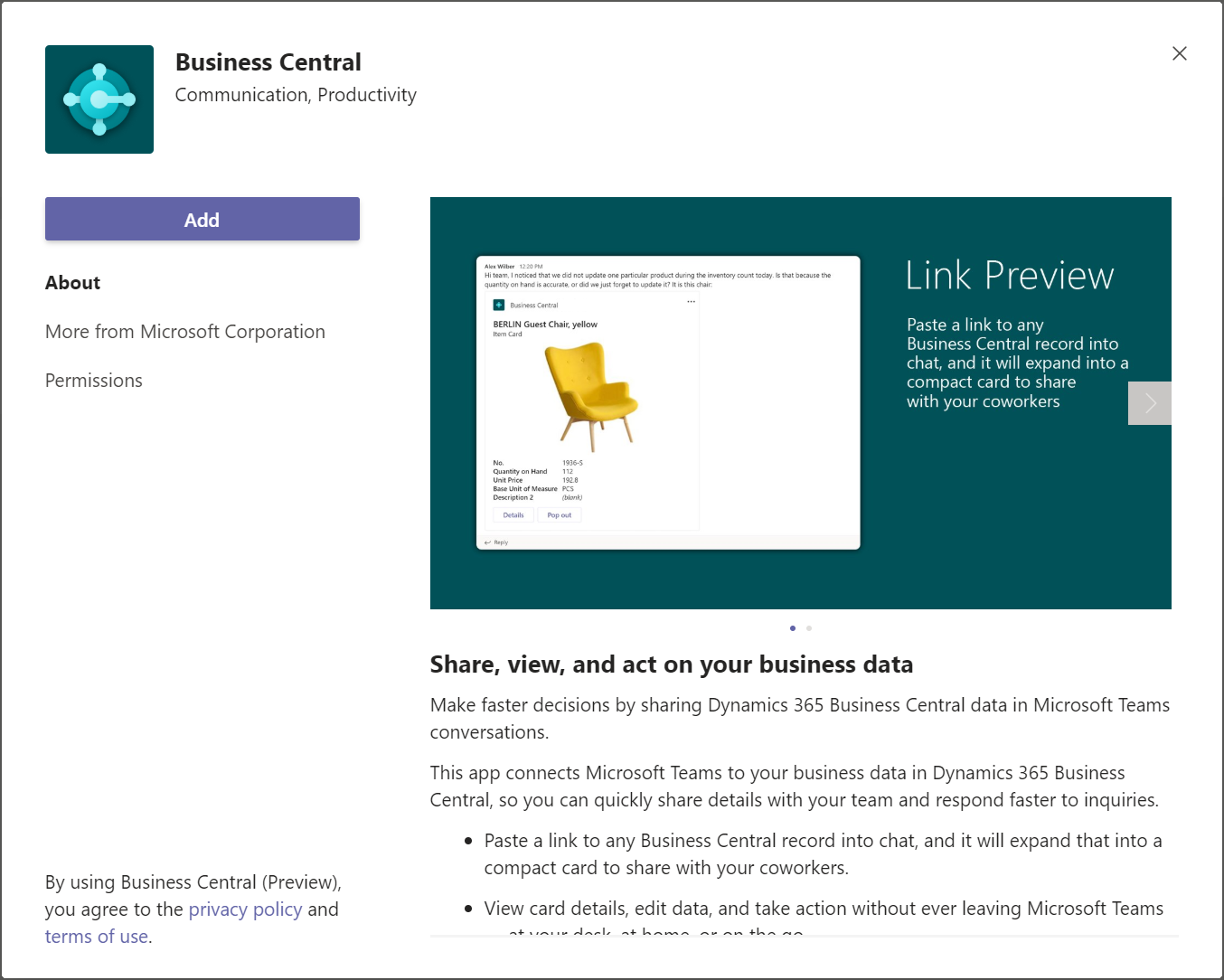 Installa l'app Business Central in Teams.