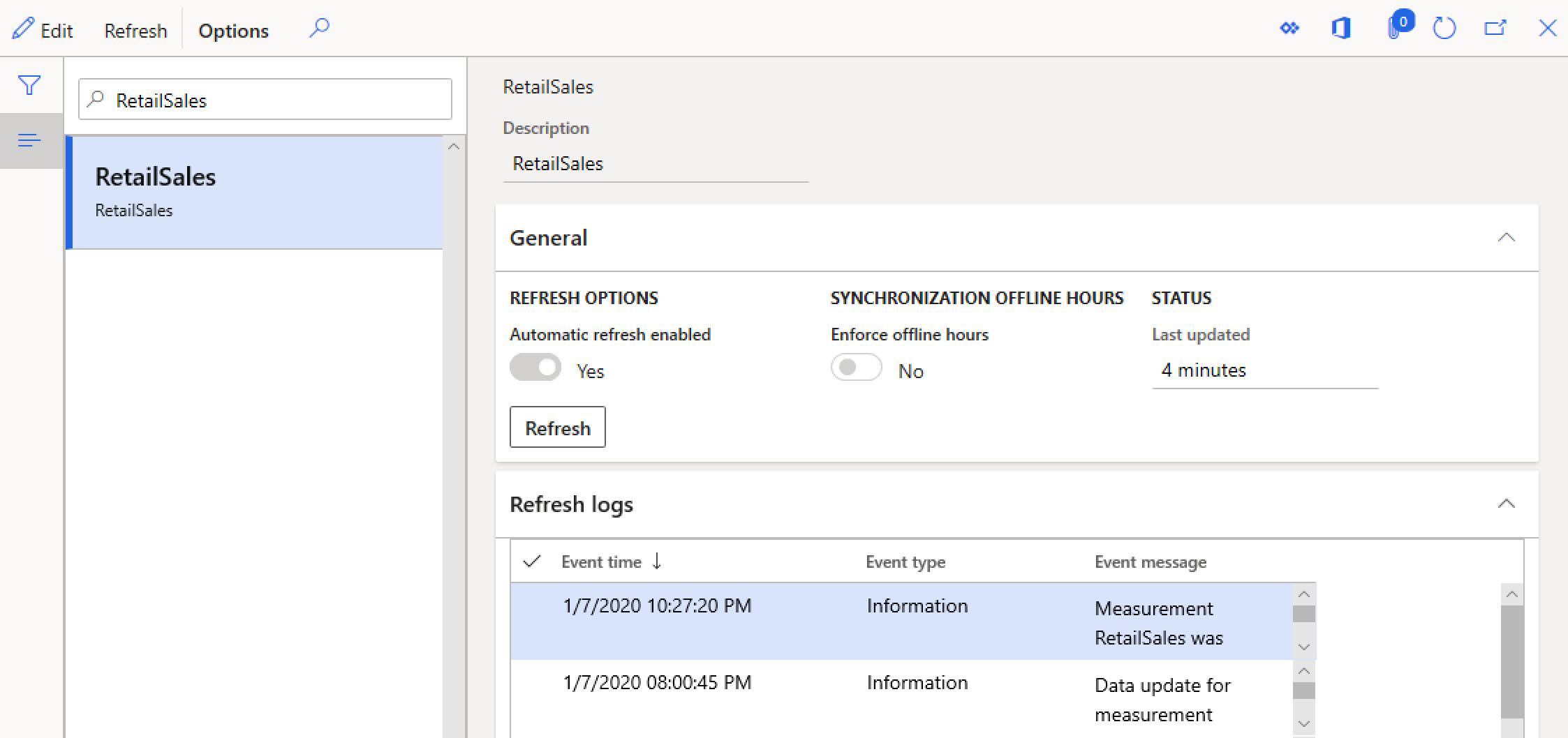 Esempio di archivio entità con aggiornamento automatico abilitato.