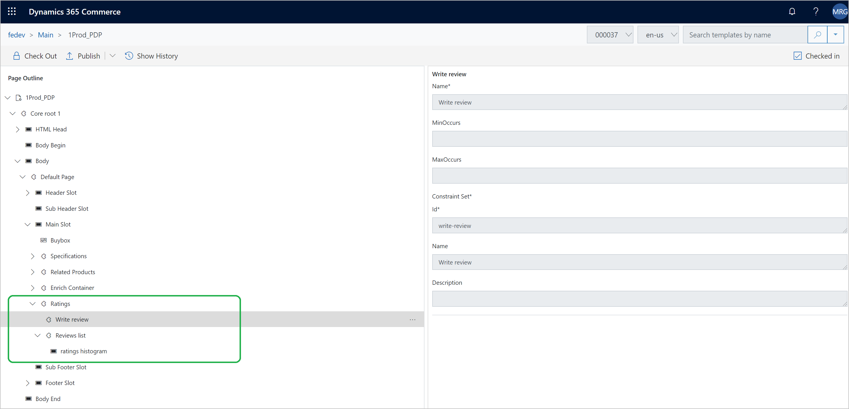 Modello di pagina dettagli prodotto quando valutazioni e recensioni sono configurate per la visualizzazione nelle pagine dettagli prodotto.