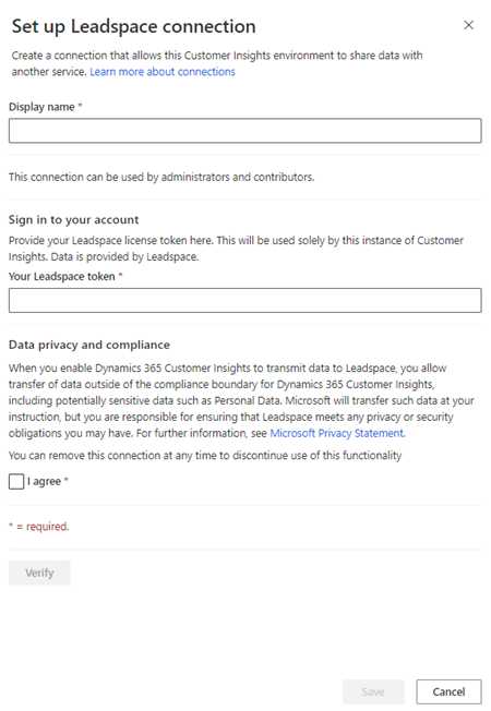 Pagina di configurazione della connessione di Leadspace