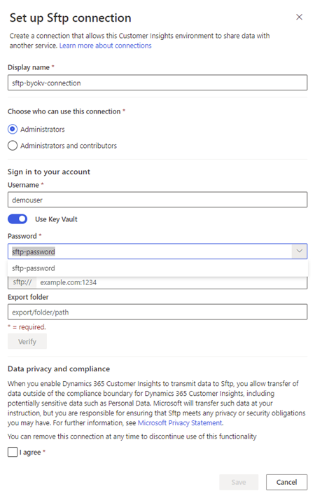 Riquadro di connessione con una connessione SFTP che usa un segreto di Key Vault.