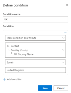Screenshot di un blocco di contenuto con una condizione definita utilizzando la colonna di ricerca del paese personalizzata del contatto.