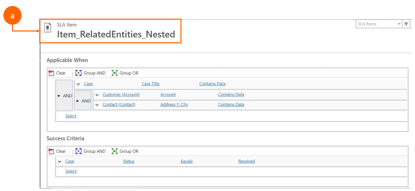 Screenshot della visualizzazione del client Web di pre-migrazione di un elemento con entità correlate in una clausola di gruppo nidificata.