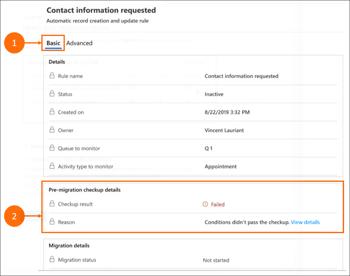 Strumento di migrazione: schermata dei dettagli di base per le regole non riuscite.