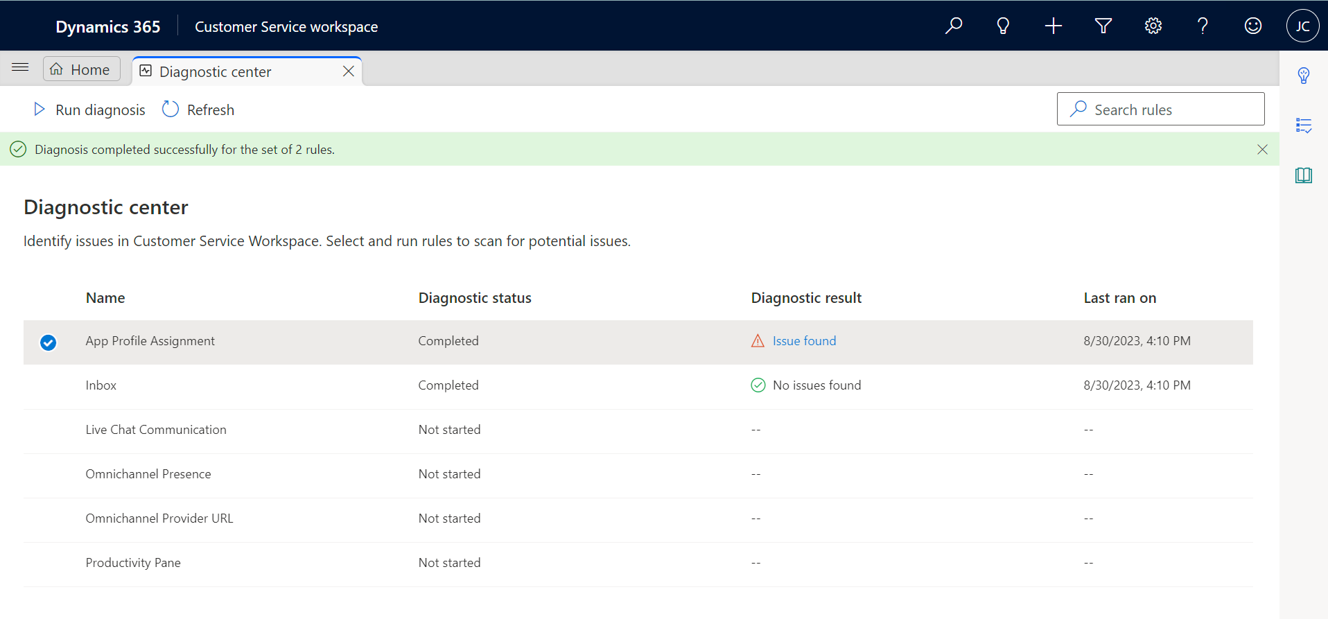 Screenshot delle regole di diagnostica per agenti con i risultati.