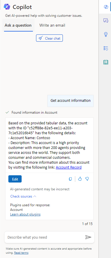 Uno screenshot del Copilot risposta generato tramite il plugin prompt.