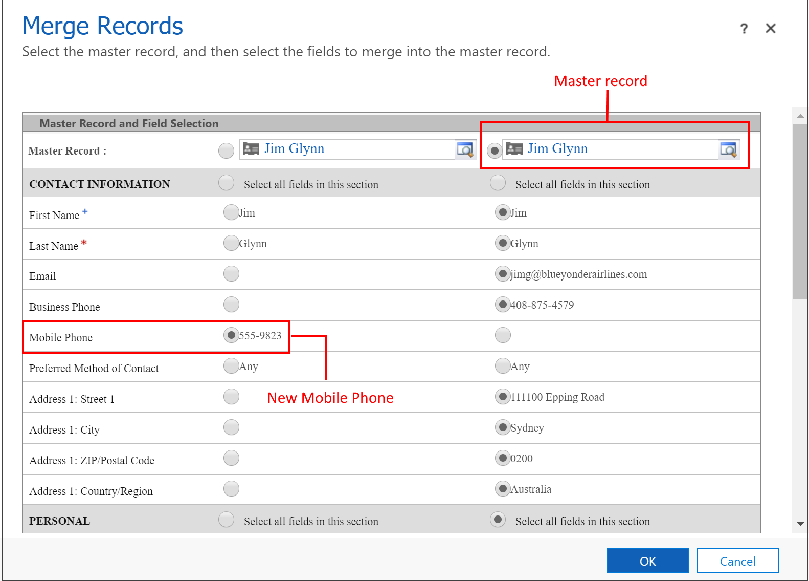 Finestra di dialogo per l'unione dei record in Dynamics 365 Customer Engagement (on-premises).