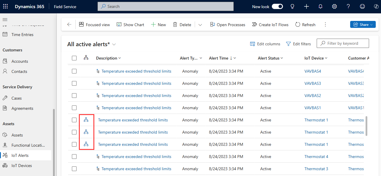 Screenshot degli avvisi IoT di Field Service, che mostra un'icona che indica avvisi simili.