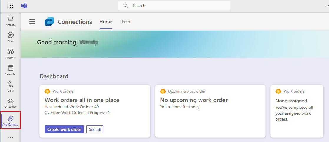 Screenshot del dashboard Connected Field Service in Viva Connections in Teams.