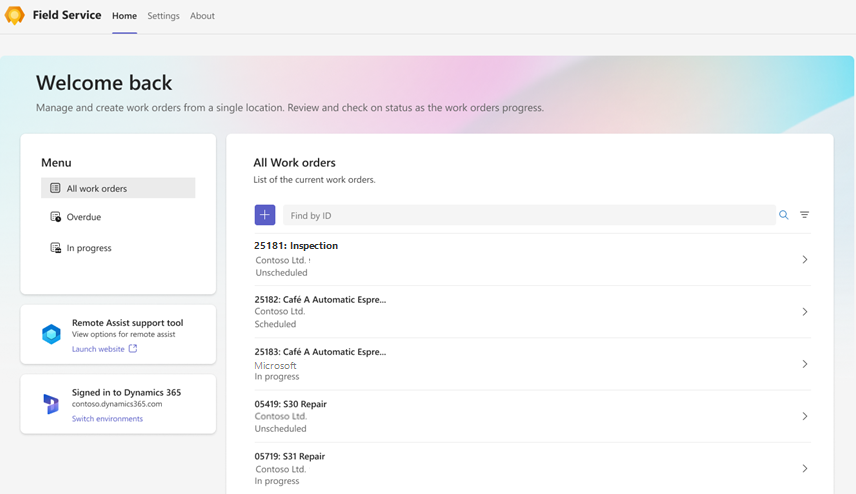 Screenshot dell'elenco di ordini di lavoro Field Service Teams