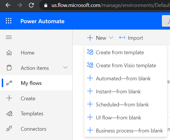 Screenshot di Power Automate, nel menu a discesa Nuovo che mostra Automatizzato - Da modello vuoto.