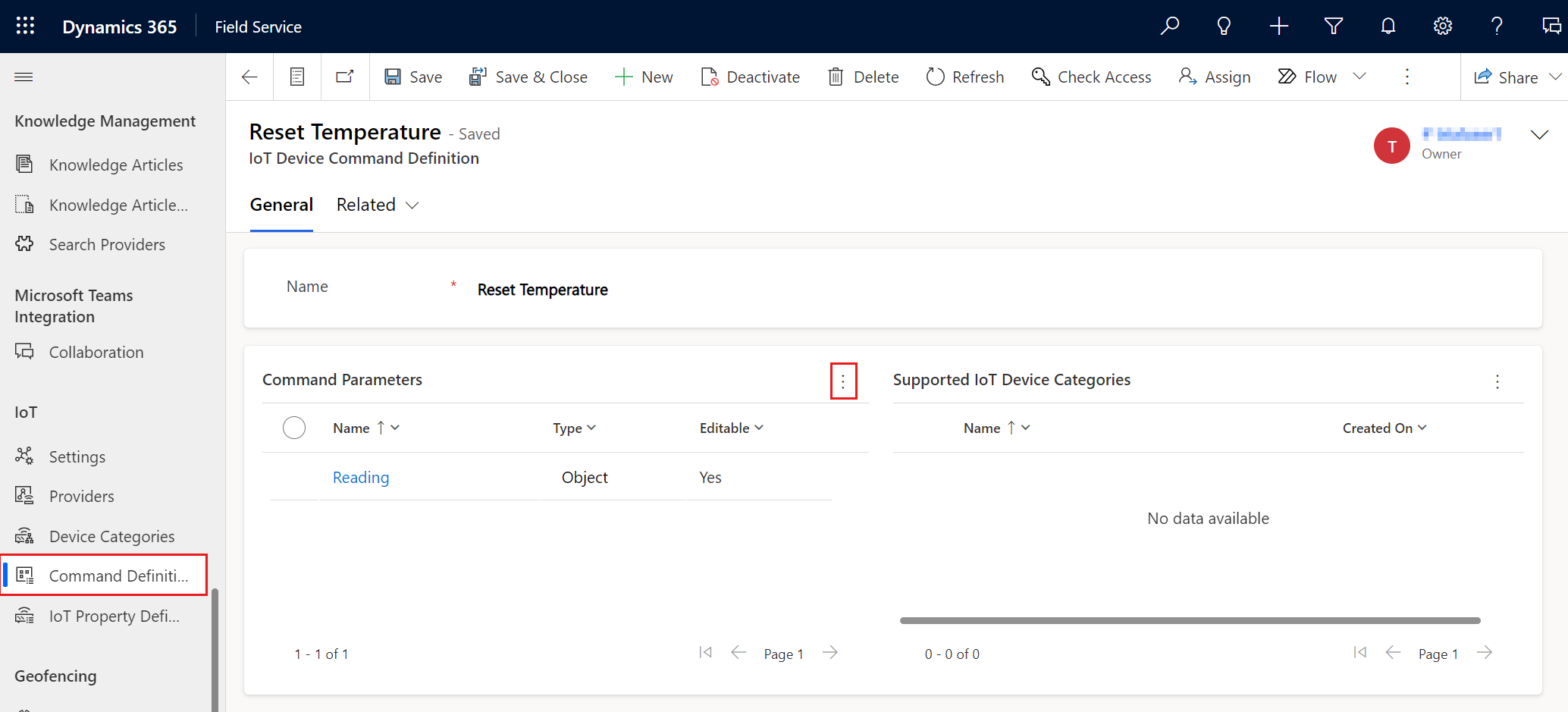 Screenshot di un record della definizione del comando IoT.