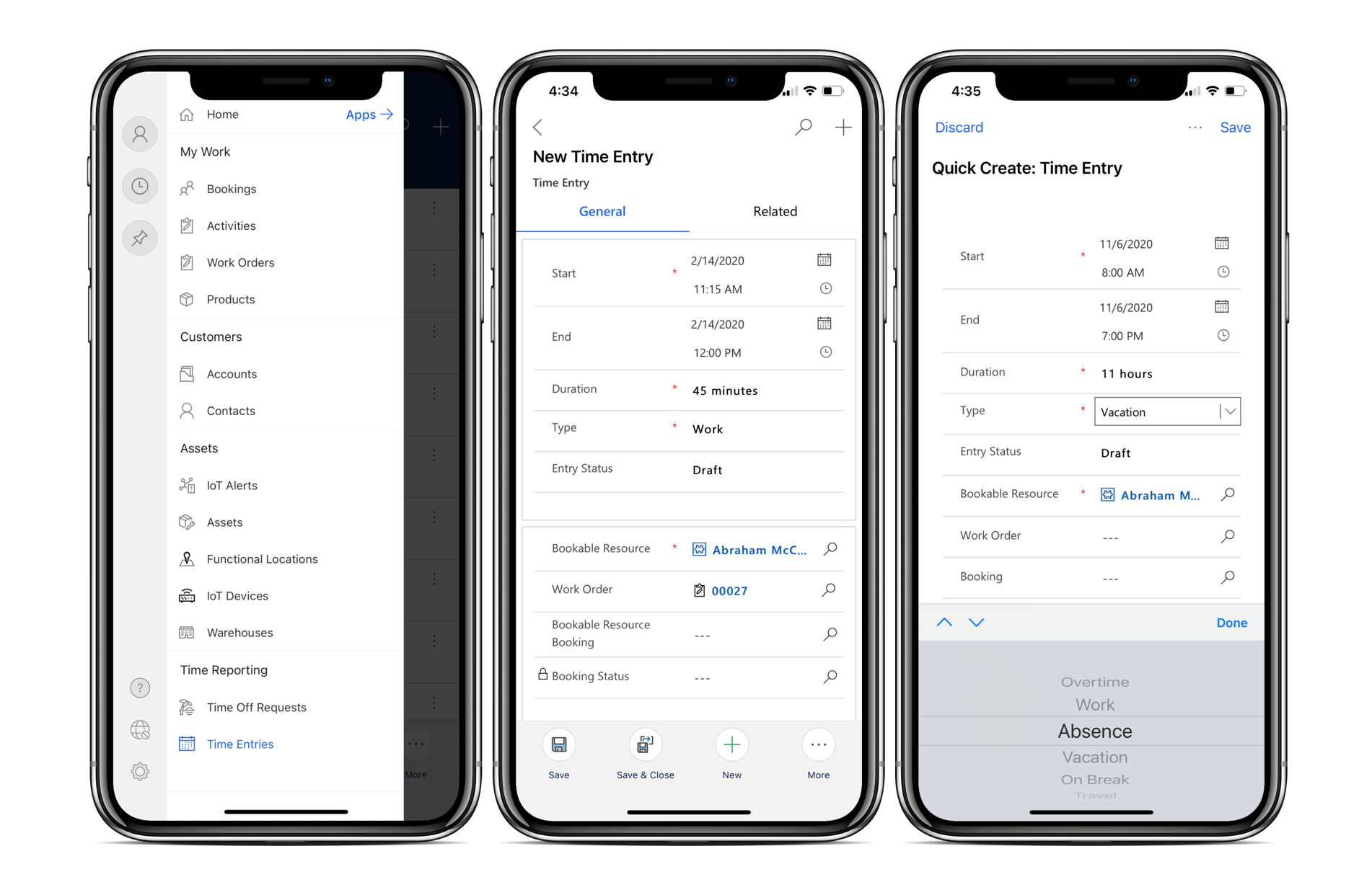 Rendering di tre dispositivi mobili che mostrano il processo di immissione del tempo nell'app Field Service per dispositivi mobili.