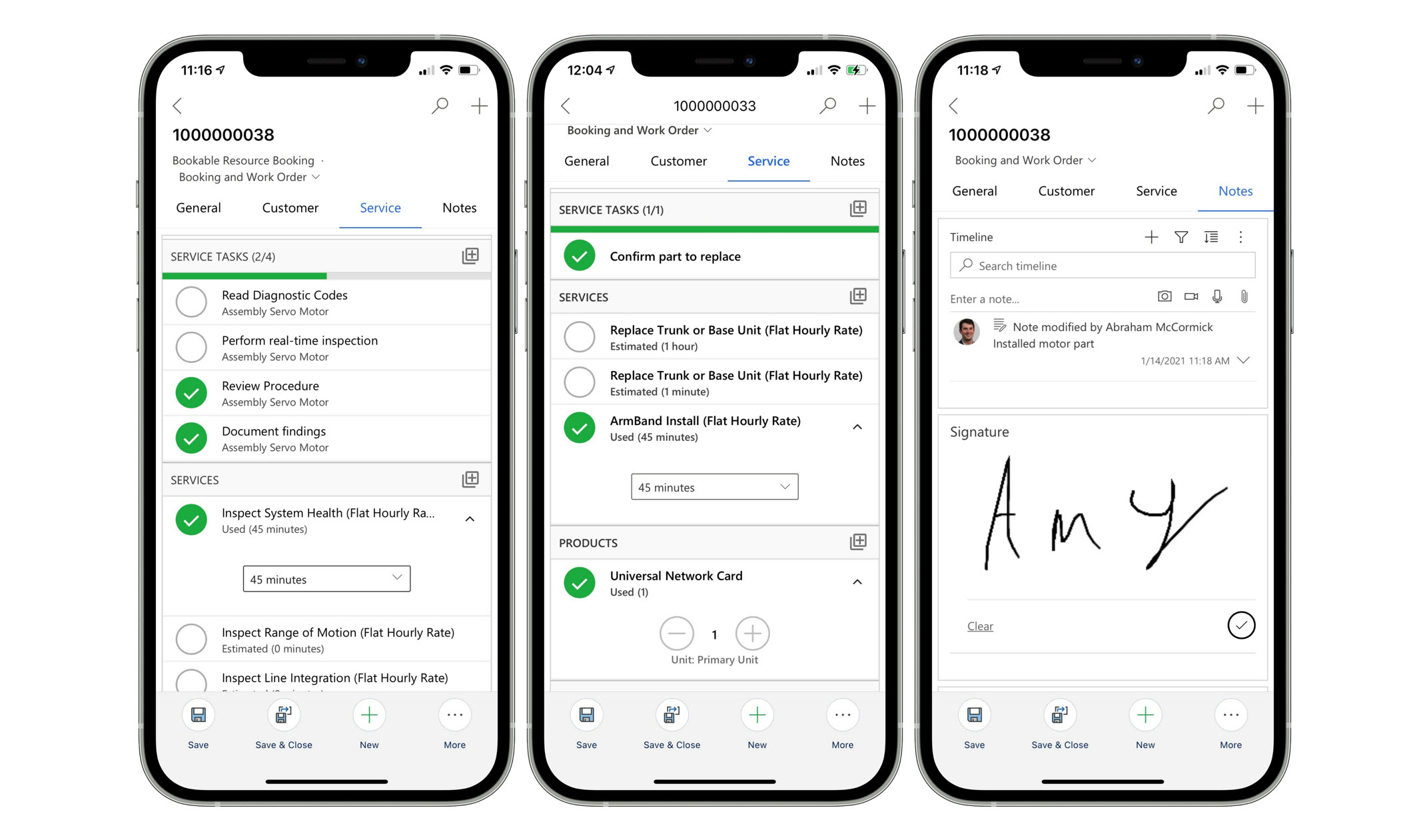 Rendering di tre dispositivi mobili che mostrano le attività di servizio, le parti utilizzate e la schermata Note nell'app Field Service per dispositivi mobili.