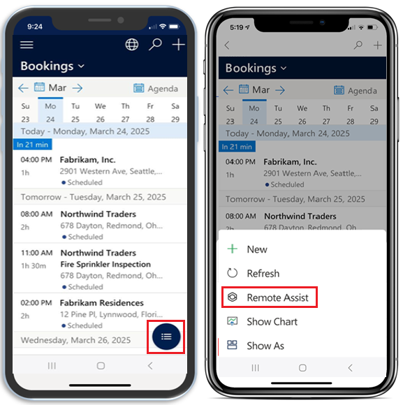 Screenshot di quattro dispositivi mobili che mostrano il flusso di lavoro che visualizza l'opzione di avvio per Dynamics 365 Remote Assist.