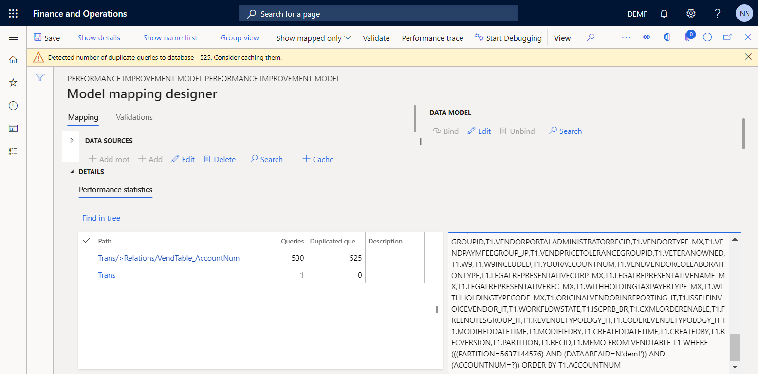 Messaggio sulle richieste di database duplicate nella pagina Progettazione mapping modello.