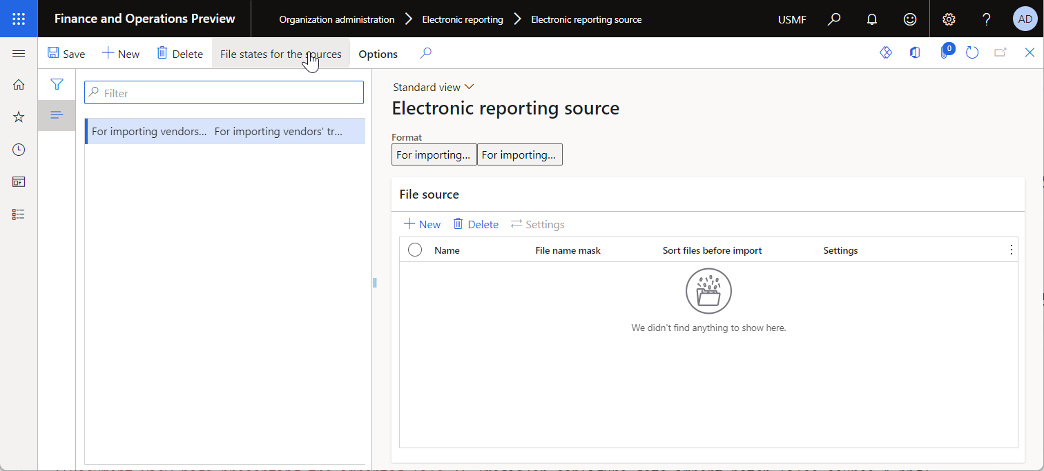 Record per la configurazione Per l'importazione delle transazioni dei fornitori (Excel) nella pagina di origine Creazione di report elettronici.