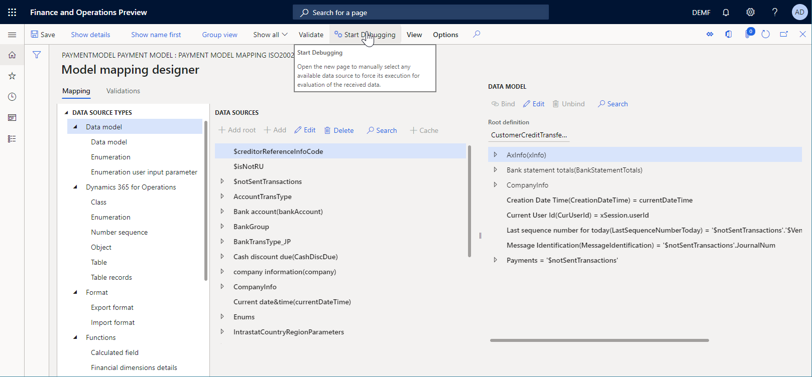 Pulsante Avvia debug nella pagina Progettazione mapping modello.