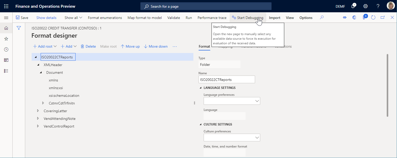 Pulsante Avvia debug nella pagina Progettazione formati.