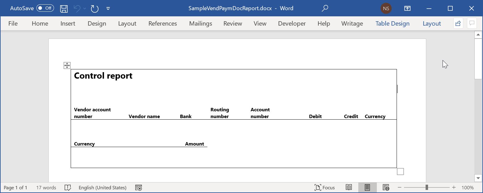 Modello di esempio per il report di controllo nell'applicazione desktop Word.