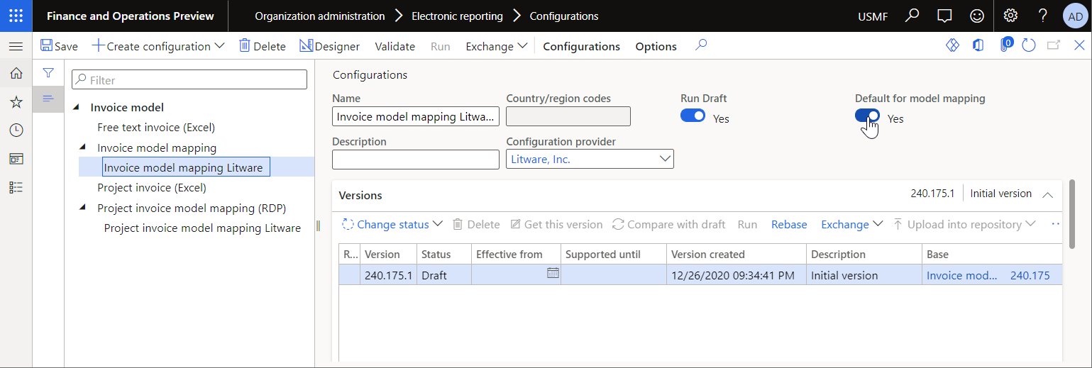 Impostazione del mapping modello come mapping modello predefinito nella pagina Configurazioni.