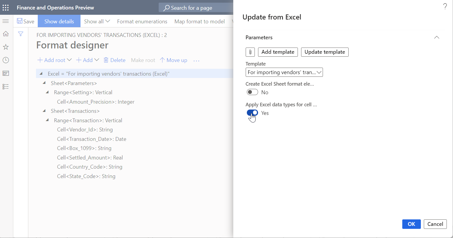 Setting the Apply Excel data types for cell components option to Yes for ER template import in the Update from Excel dialog box.