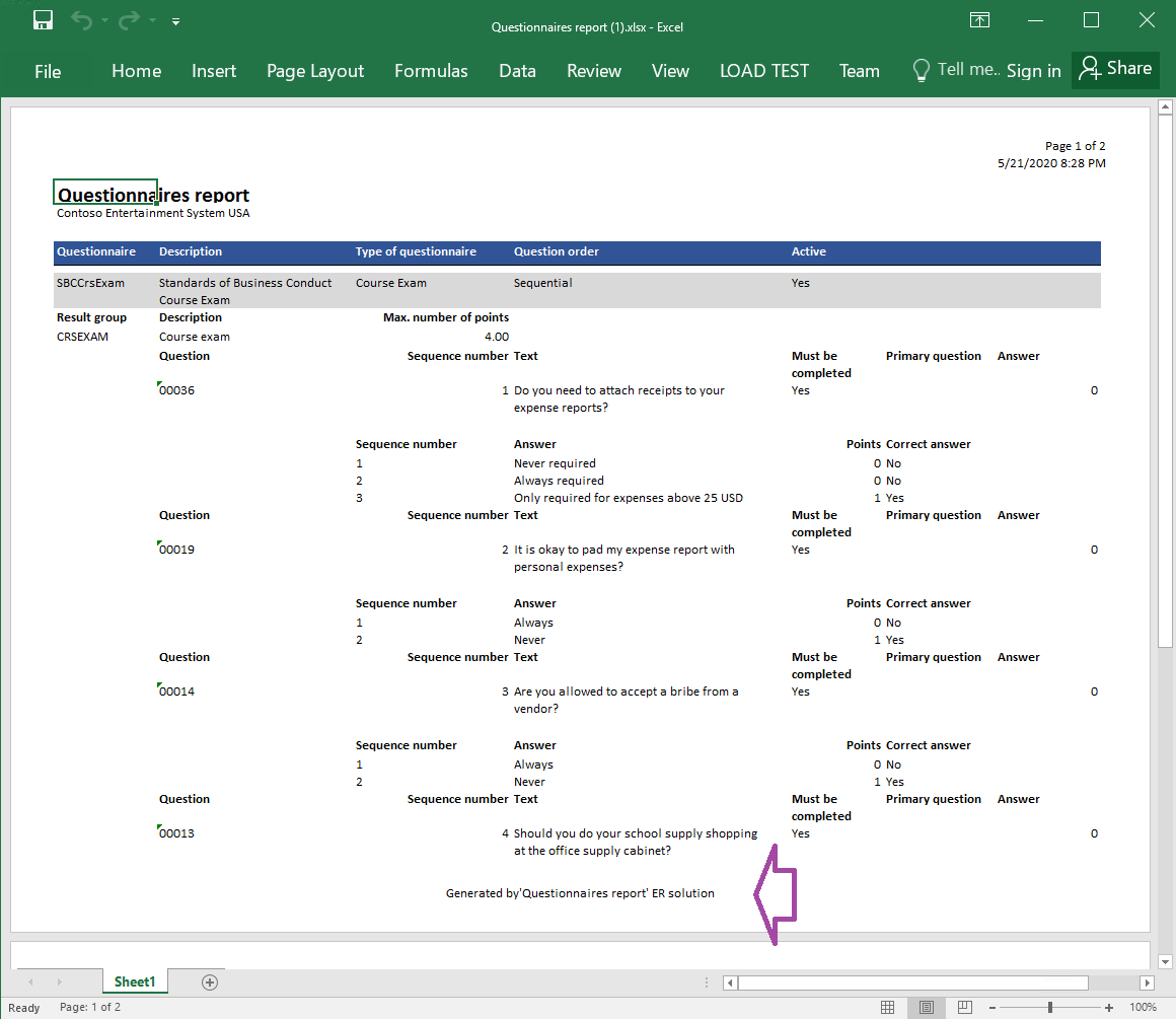 Report generato in formato Excel.