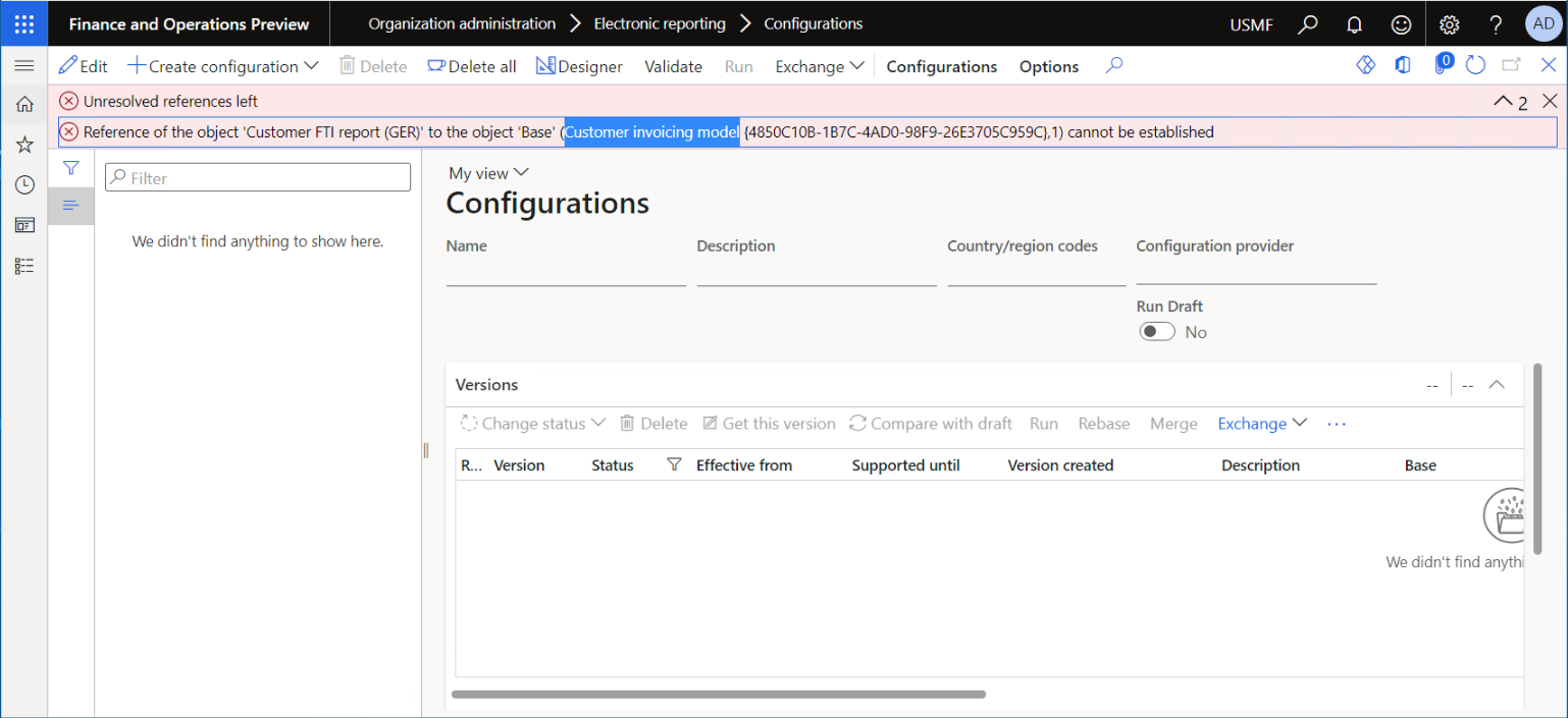 Eccezione nella pagina Archivio di configurazioni quando non è possibile trovare la configurazione di base.