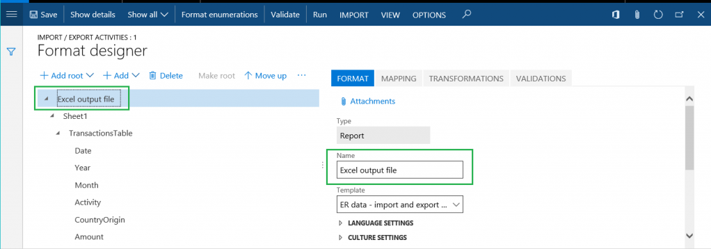 Elemento di file di output di Excel.