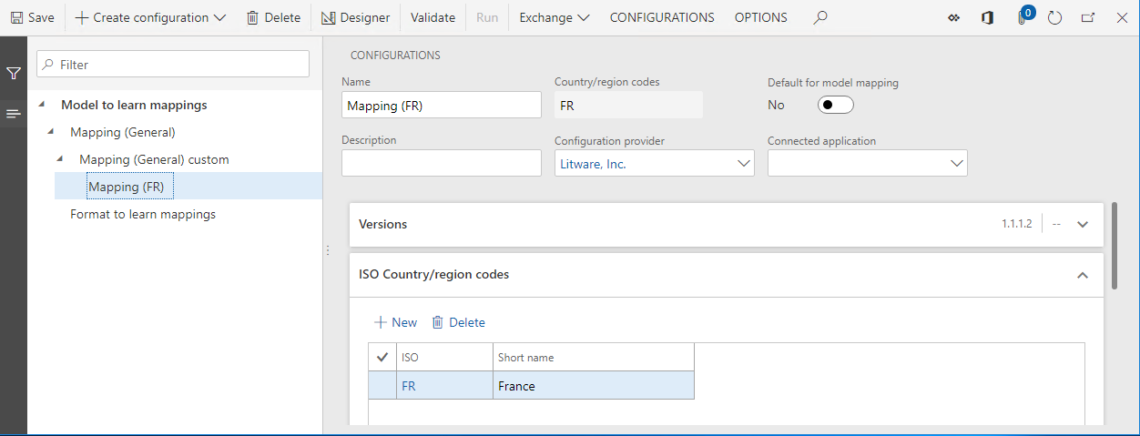 Pagina delle configurazioni ER, configurazione del mapping del modello (FR).