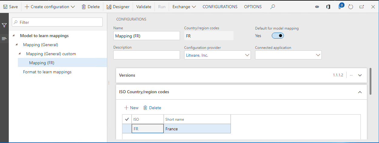 Pagina delle configurazioni ER, configurazione del mapping (FR), l'impostazione predefinita per il mapping del modello è impostato su Sì.