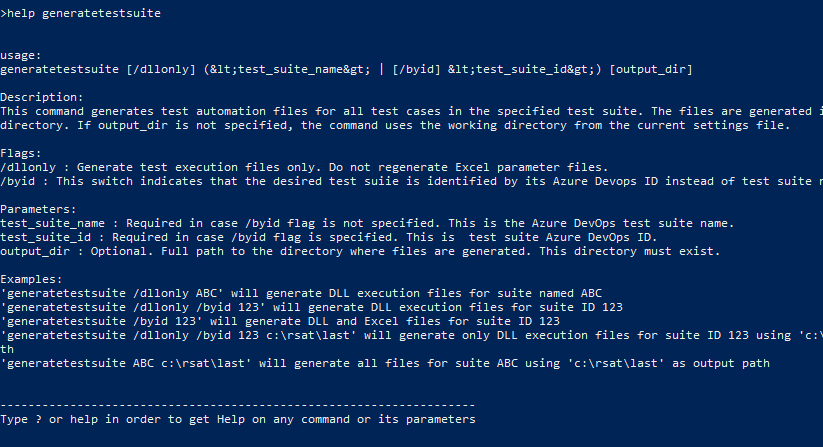 Help for the generatetestsuite command.