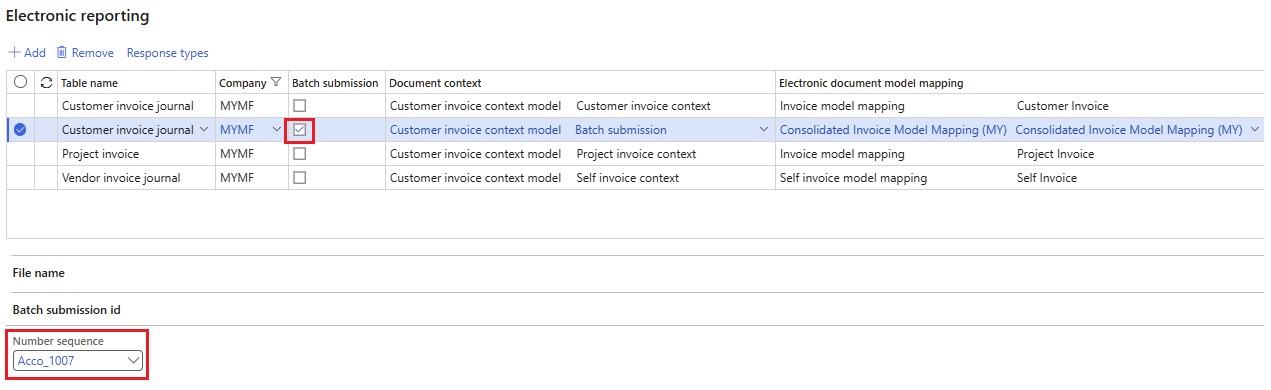 Screenshot that shows the configuration of electronic document parameters for batch submission.