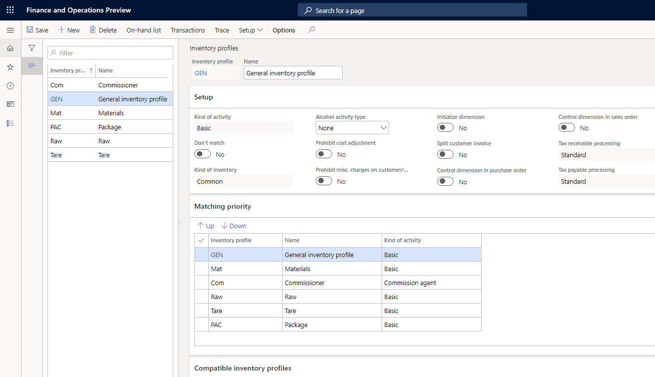 Inventory profiles page, Matching priority FastTab.