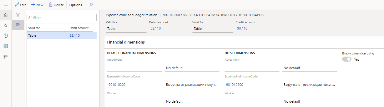 Expense code and ledger relation page, Financial dimensions FastTab.