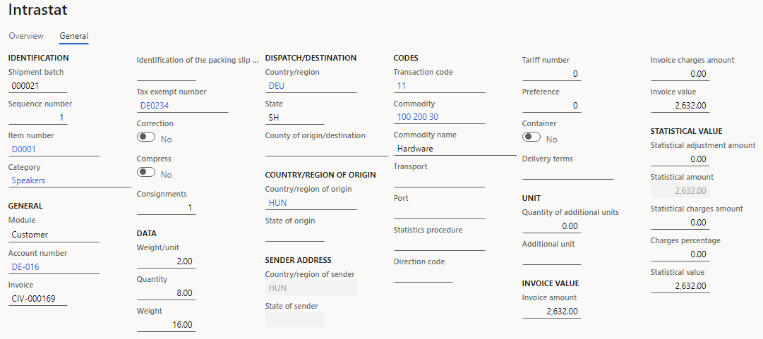 Sales order details on the General tab of the Intrastat page.