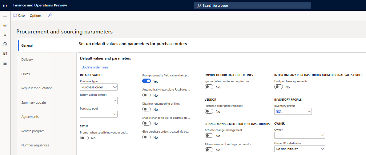 Procurement and sourcing parameters page, General tab.