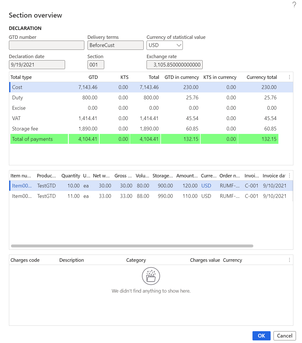 Section overview dialog box.