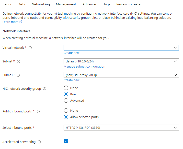 Impostazione dei campi nella scheda Rete per creare una macchina virtuale di Azure.