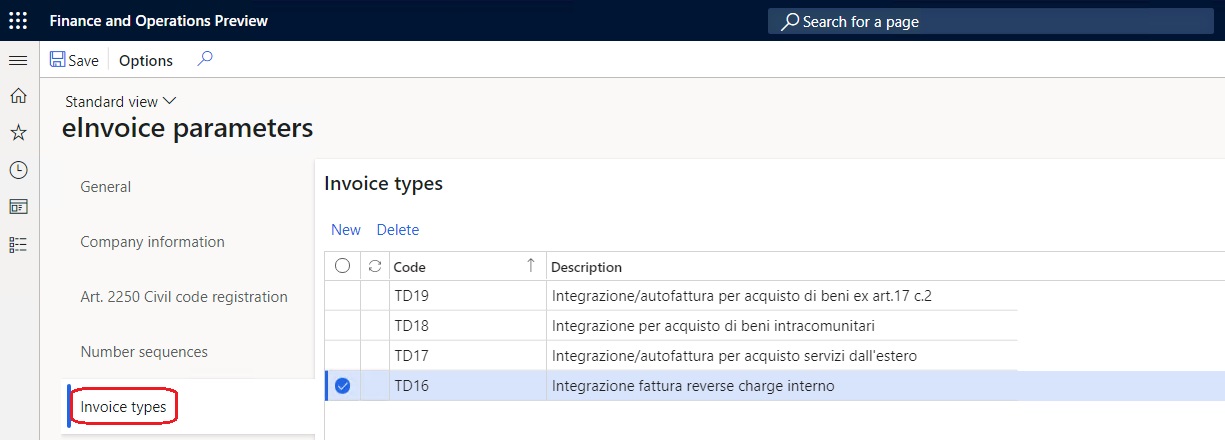 Tipi di fattura definiti nella scheda Tipi di fattura della pagina Parametri fattura elettronica.