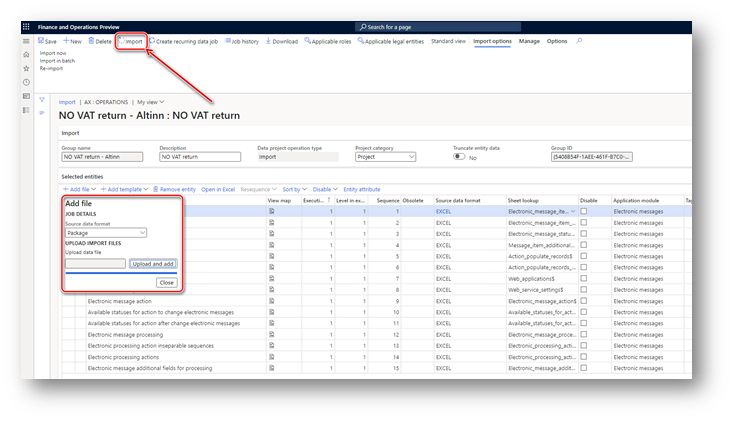 Importing a package of data entities that includes a predefined EM setup.