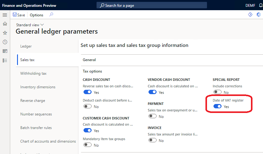 Date of VAT register option is ON in General ledger parameters.