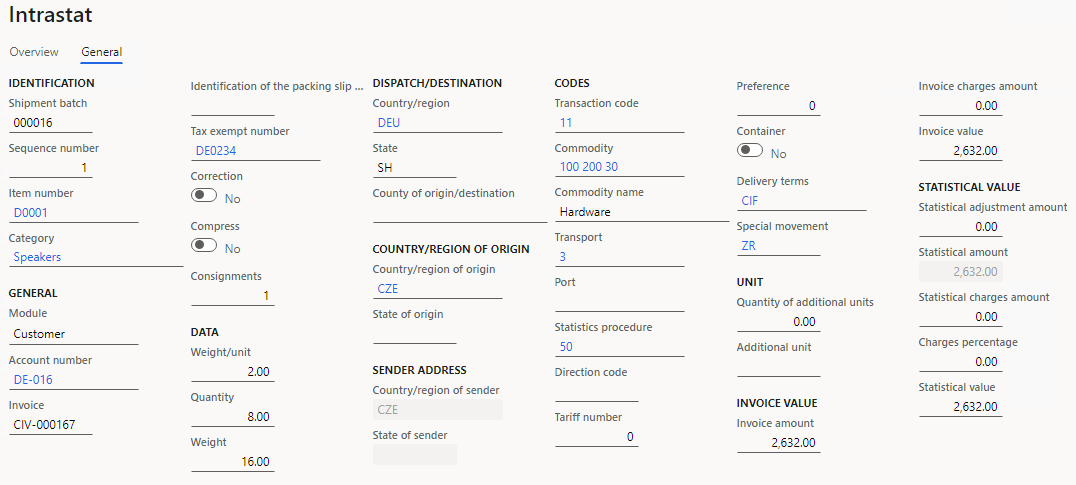 Sales order details on the General tab of the Intrastat page