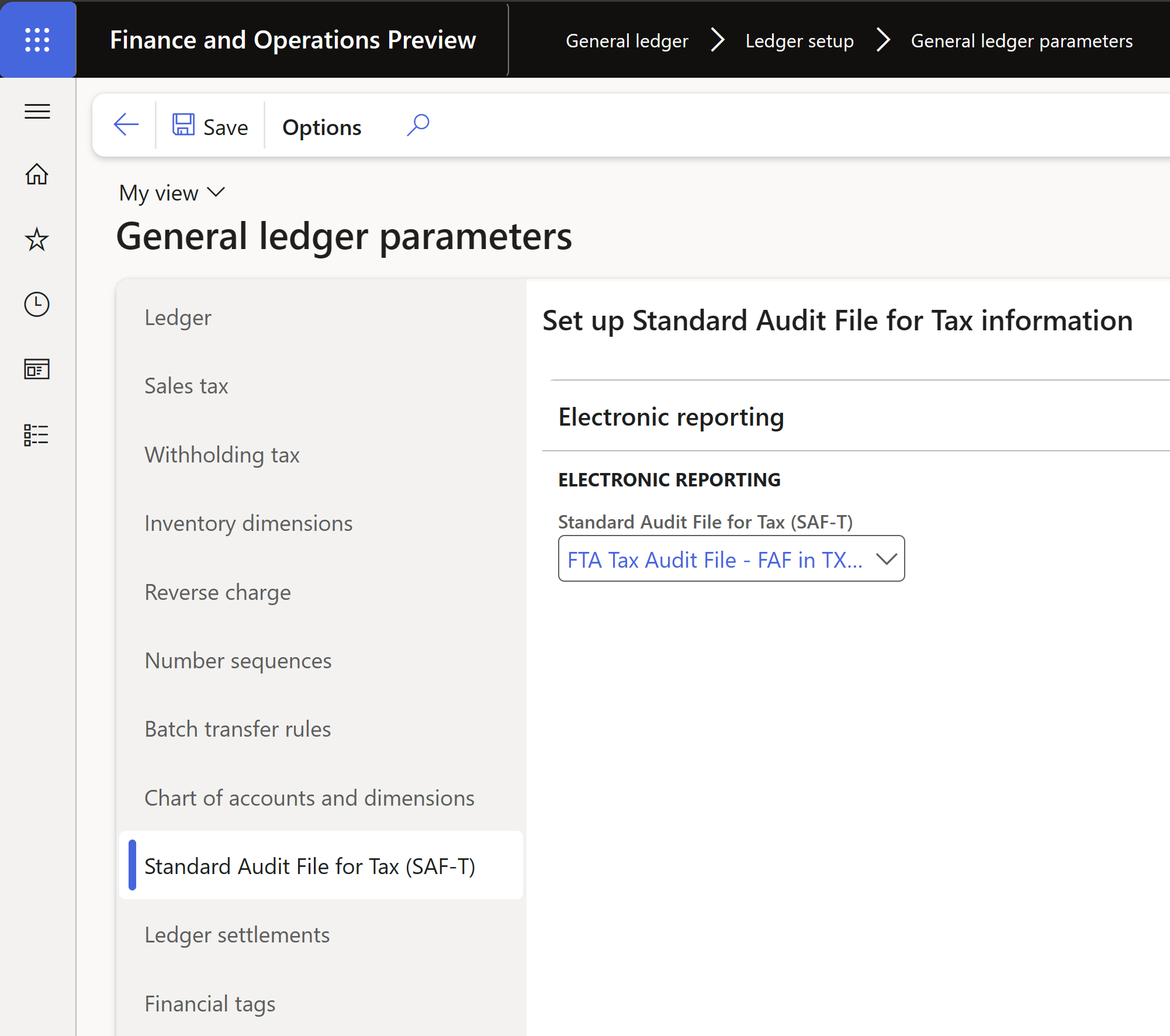 FTA Tax Audit File - FAF in TXT (AE) selected on the General ledger parameters page.